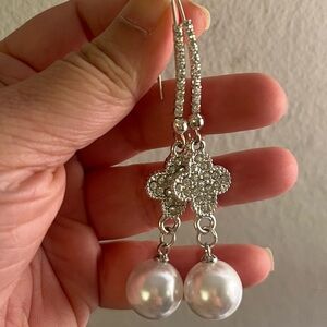 Silver Crystal Flower Drop Earrings with Pearl Accent